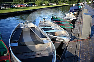 Electric boats docked in small canal