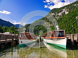 Electric boats on lake Konigssee in Bavaria, Germany