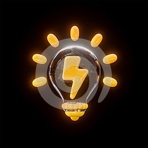 Electric bolt lightbulb glossy neon bright realistic sign on black background 3d render