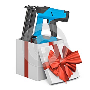 Electric brad nailer inside gift box, present concept. 3D rendering