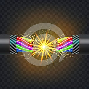 Electric Break Cable Vector. Electrical Circuit. Industrial Network Power. Glowing Lightning. 3D Realistic Isolated