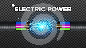 Electric Break Cable Vector. Electrical Circuit. Industrial Network Power. Glowing Lightning. 3D Realistic Isolated