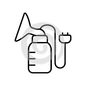 Electric breast pump with plug. Line art icon for expressing milk. Black simple illustration of device connected to socket.