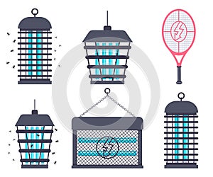 Electric bug zapper, fly swatter racket and mosquito trap vector set