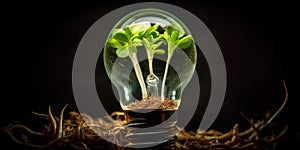 Electric Bulb With Growing Green Plant Inside, Concept Of Ecologic Life
