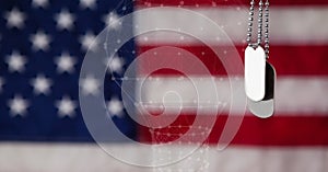 Electric bulb icon and military dog tags over american flag background with copy space