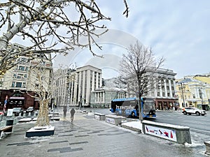 Moscow, Russia, February, 20, 2024. The electric bus left Okhotny Ryad Street for the Theater Passage