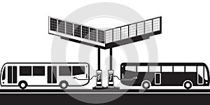 Electric buses at charging station with solar panels