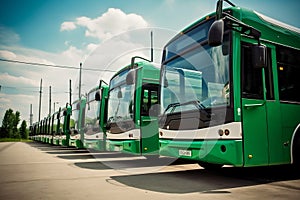 electric buses lined up in green color. AI