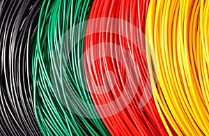 Electric cable background. electrical wire texture. black green red yellow