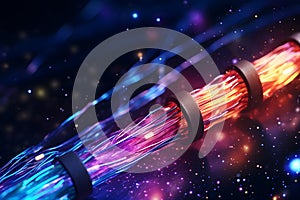 Electric cable background with sparks and bare wires. Fiber optics network cable lights abstract background. Fiber optic cable for