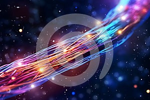 Electric cable background with sparks and bare wires. Fiber optics network cable lights abstract background. Fiber optic cable for