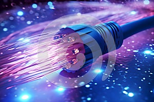 Electric cable background with sparks and bare wires. Fiber optics network cable lights abstract background. Fiber optic cable for