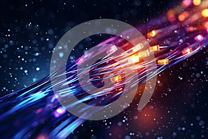 Electric cable background with sparks and bare wires. Fiber optics network cable lights abstract background. Fiber optic cable for