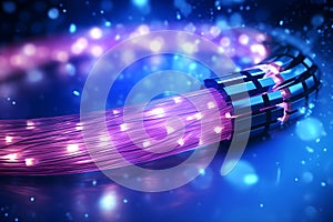 Electric cable background with sparks and bare wires. Fiber optics network cable lights abstract background. Fiber optic cable for