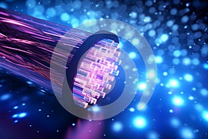 Electric cable background with sparks and bare wires. Fiber optics network cable lights abstract background. Fiber optic cable for