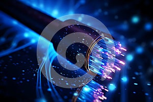 Electric cable background with sparks and bare wires. Fiber optics network cable lights abstract background. Fiber optic cable for