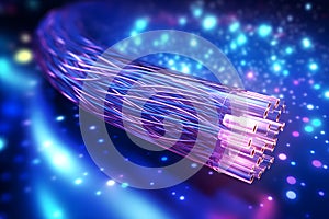 Electric cable background with sparks and bare wires. Fiber optics network cable lights abstract background. Fiber optic cable for