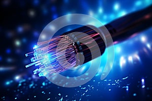 Electric cable background with sparks and bare wires. Fiber optics network cable lights abstract background. Fiber optic cable for