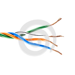 Electric cable ends, isolated on white. Colorful bundle of elect