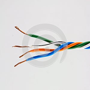 Electric cable ends, on white. Colorful bundle of elect