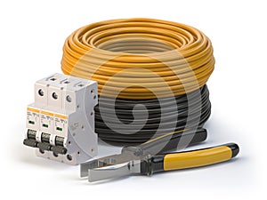 Electric cable, pliers and circuit breake risolated on white background. Electric components and instruments.