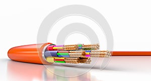Electric cable showing copper wires on white background