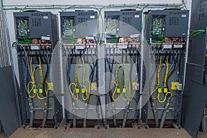 Electric cable wires of fuse switch box. Cabling connection of high voltage power electric line in industrial