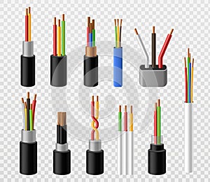 Electric cables. Industrial copper power industrial wire, telephone internet conductors. Voltage electrical connections