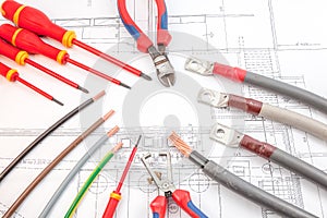 The electric cables screwdrivers, wire cutters