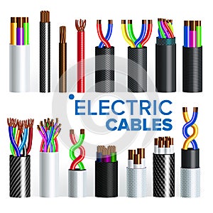 Electric Cables Set Vector. Copper Wire. Electrician Rubber Cord. Industrial Network Power. Electricity Energy