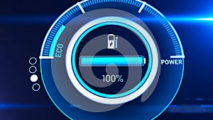 Electric car battery in active charging visionary dashboard