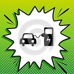 Electric car battery charging sign. Black Icon on white popart Splash at green background with white spots. Illustration