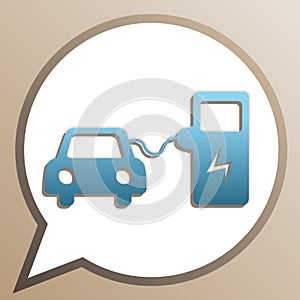 Electric car battery charging sign. Bright cerulean icon in white speech balloon at pale taupe background. Illustration