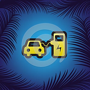 Electric car battery charging sign. Vector. Golden icon with black contour at blue background with branches of palm trees.. Illus