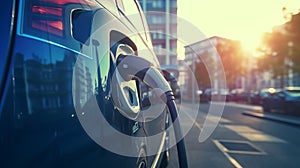 An electric car being charged on a city street