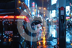 An electric car is being charged at a modern charging station located in an urban parking lot, Electric vehicle charging in a