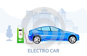 Electric car being charged on power station