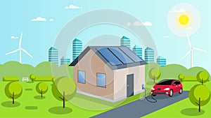 An electric car is charged by solar energy. Solar panels on the roof of the house. Car in the parking lot at home