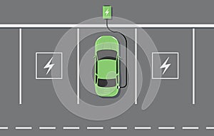 Electric car charger top view. Battery hybrid car parking recharge vector icon