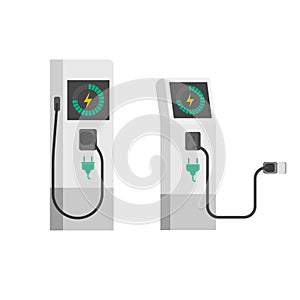 Electric car charger vector illustration, flat cartoon electric vehicle charging station with wire cable isolated photo