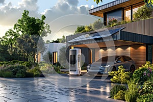 An electric car charges at a luxurious house with solar panels, green energy in transportation. eco friendly photo