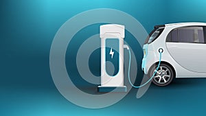 Electric car charging background. Electronic vehicle power dock. Hatchback EV Plugin station. Fuel recharge cells.
