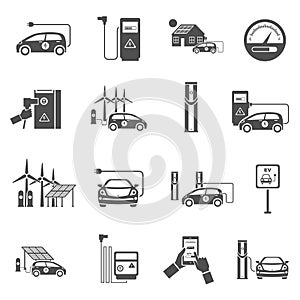 Electric Car Charging Black Icons Set