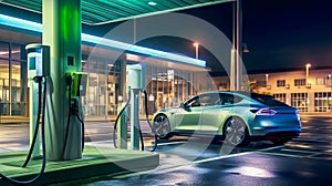 Electric car charging at a brightly lit station against the backdrop of a night-time educational building