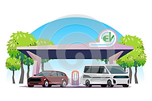 Electric car charging at charger station. Electromobility e-motion concept. green energy concept