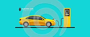 Electric car charging at the charger station or point illustration. E-vehicle and electromobility design concept. Eco