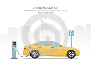 The electric car is charging from the charging station in the parking lot. Vector illustration.