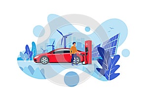 Electric Car Charging at the Charging Station with Renewable Energy Solar and Wind Power Generation