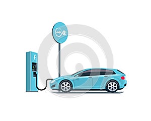 Electric Car Charging at the Charging Station on White Background